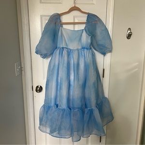 Princess Puff Sleeve Tulle Dress Sky Blue Midi